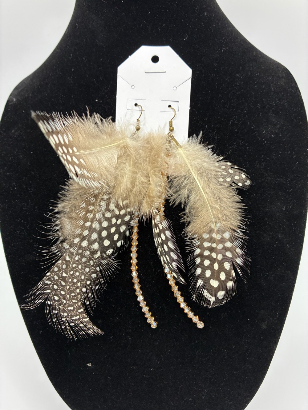 Feather Drop Earrings - Natural Tan & White - Handmade